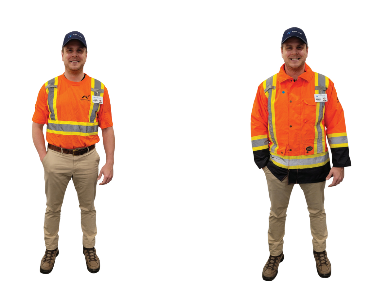 Two variations of a Neptune technician dressed in a Neptune-branded orange, high visibility shirt or jacket. Their ID badge is attached to their shirt/jacket. 