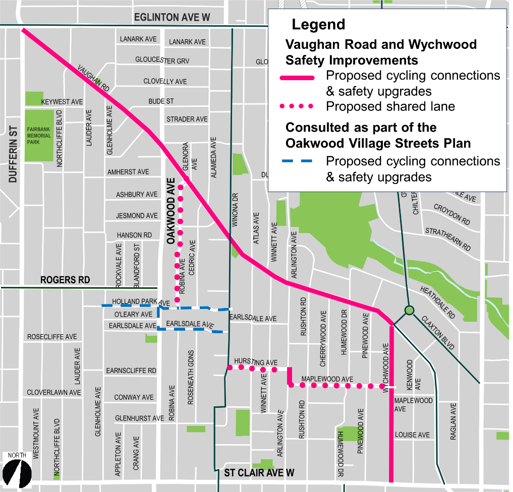 A map of the project area. Included in the map is a legend that identifies Vaughan Road, Wychwood Avenue and Arlington Avenue for proposed cycling connections and safety upgrades and Robina Avenue, Hursting Avenue and Maplewood Drive for proposed shared lanes. 