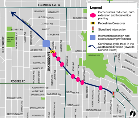 the map identifies the intersections above where improvements are proposed. This includes an intersection redesign and streetscape improvements, corner radius reduction, pedestrian crossover, signalized intersection and a continuous cycle track