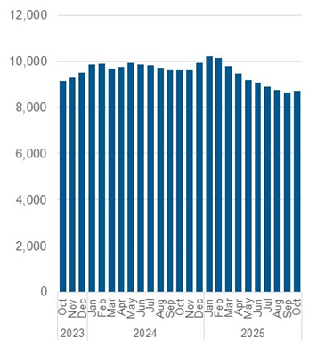 Chart outlining the average nightly occupancy, shelter and overnight service system. Data also in the table below.