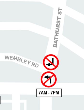 Map showing location of left turn restrictions northbound and southbound on Bathurst St at Wembley Road.