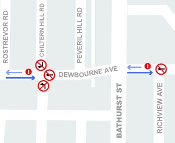 Map showing new turn restrictions for Dewbourne and Bathurst area, including 'Do Not Enter' signs at Dewbourne and Chiltern Hill Road and Dewbourne and Richview Ave.