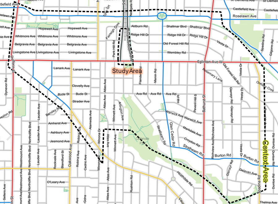 Map showing study area is the intersection of Eglinton Ave and Allen Road, and the context area is the Roselawn Ave and Elm Ridge Drive in the north, Spadina Ave in the east, Cedarvale Ravine and Vaughan Rd in the south, and Dufferin St in the west.