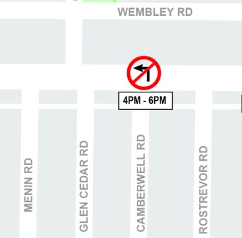 Map showing location of left turn restriction northbound on Camberwell Rd at Eglinton.