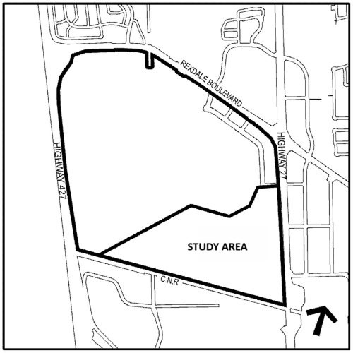 : Map showing boundaries of the Woodbine Secondary Plan study area.