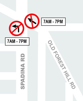 Map showing location of left turn restriction at Spadina Road and Old Forest Hill Road northbound, and through travel restriction at Old Forest Hill Road and Spadina Road westbound. 