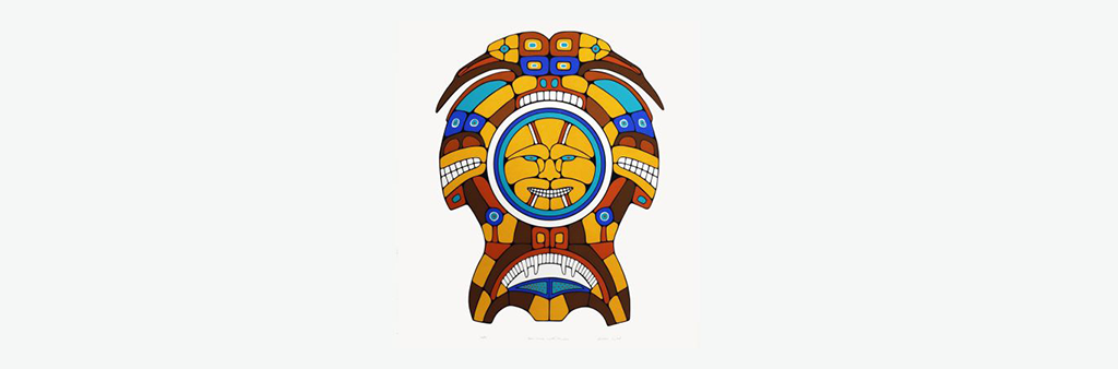 Serigraph print depicting a face in the centre of a circle. On the outside of the circle are more stylized faces with prominent teeth. On top of the circle is another face topped with the heads of two birds looking to the left and right. Under the circle is another face with prominent teeth.