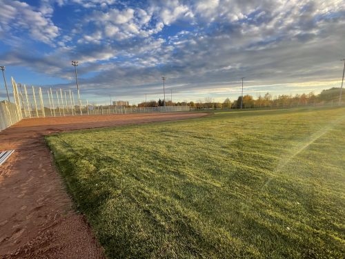 Completed baseball field with green grass and reddish-brown dirt along the perimeter under a partly cloudy sky. Tall light poles and fencing surround the field, and trees with autumn foliage are visible in the background.