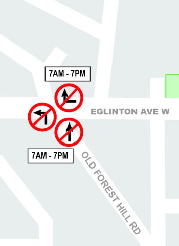 Map showing location of three turn restrictions at Eglinton Avenue West and Old Forest Road
