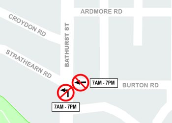Map showing location of left turn restriction northbound on Bathurst Street at Strathearn Road, and through travel restriction westbound at Burton Road and Bathurst Street. 