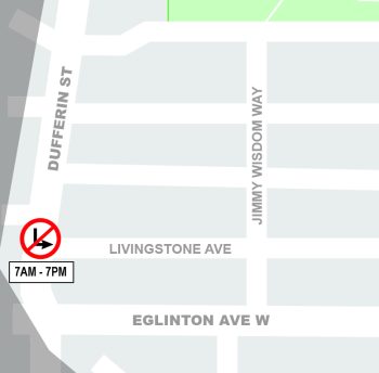 Map showing location of turn restriction, southbound on Dufferin at Livingstone Ave. 