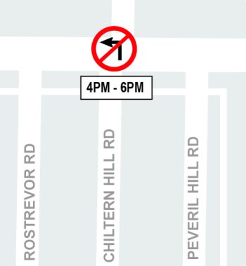 Map showing location of left turn restriction northbound on Chiltern Hill Rd at Eglinton.
