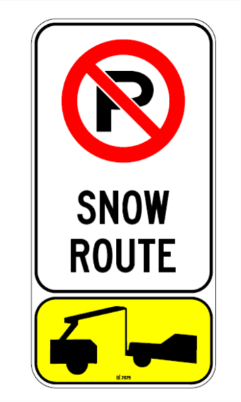 Sign displaying a red crossed-out 'P' indicating no parking on a snow route, with a yellow towing symbol beneath showing a car being towed.