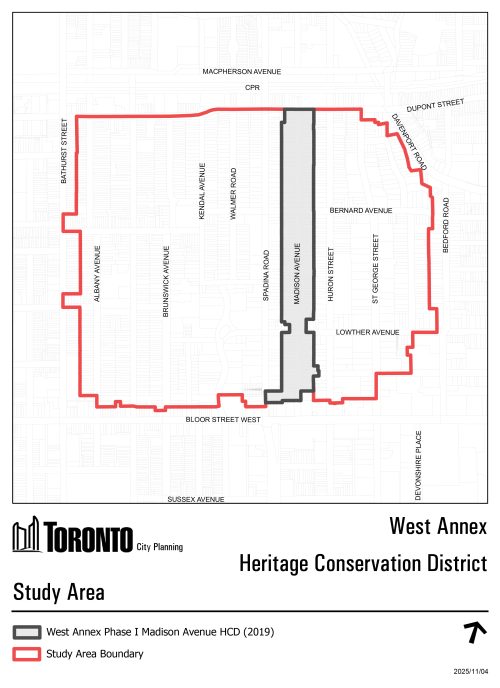 This map shows the West Annex HCD Study Area. Outlined in red are the boundaries, which are from Bathurst Street to Bedford Road, and from Bloor Street to Dupont Avenue. Indicated in grey is Madison Avenue, which cuts through the Study Area and was designated as a Heritage Conservation District in 2019.
