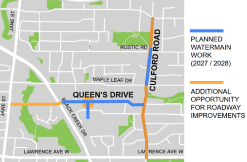 Map of planned watermain work and additional opportunity for roadway improvements
