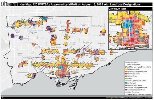 A map of Toronto showing the 120 areas across the city that are identified as Major Transit Station Areas and Protected Major Transit Station Areas. The map also shows the Toronto Official Plan land use designation for all lands within the station areas