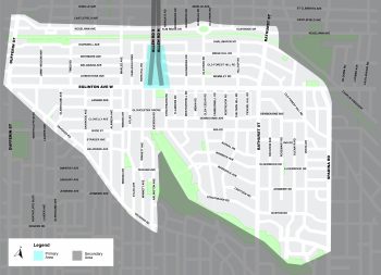 Map showing the boundaries of the study area, from Vaughan Road and the Cedarvale ravine in the south, to Spadina Rd in the east, to Roselawn Ave in the north, to Dufferin St in the west. 