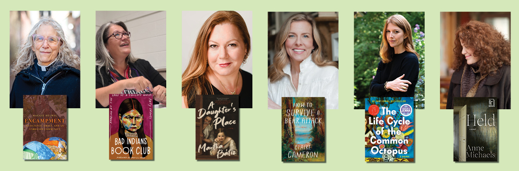 Six book covers displayed against a light green background. Titles include Encampment, Bad Indians Book Club, A Daughter’s Place, How to Survive a Bear Attack, The Life Cycle of the Common Octopus and Held.