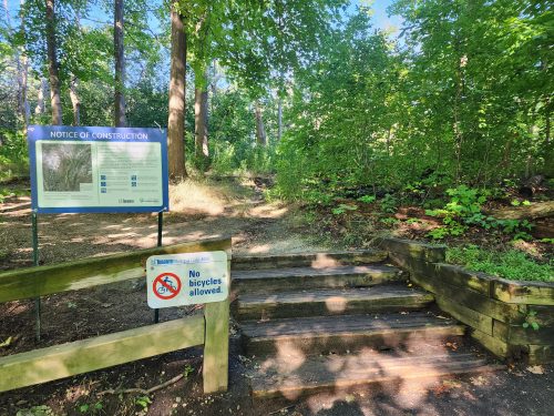 A forest with a set of steps, and leafy trees and ground cover all around, with a sign to the left reading notice of construction and a sign on a wooden fence reading no bicycles allowed.