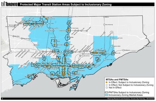 A map of Toronto showing the approved Protected Major Transit Station Areas where Inclusionary Zoning policies apply.
