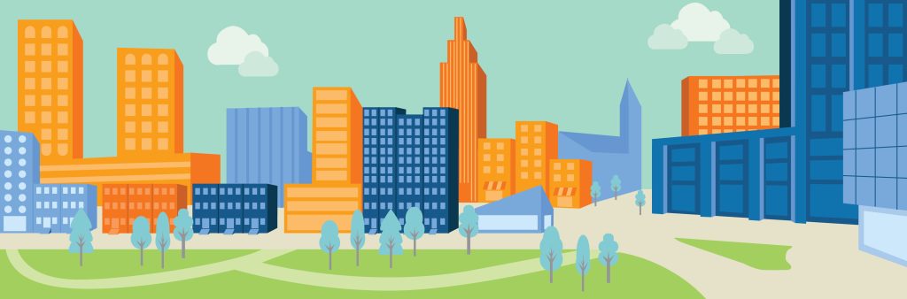 Illustrated banner of many buildings (office and residential) in different colours, greenspace and trees.