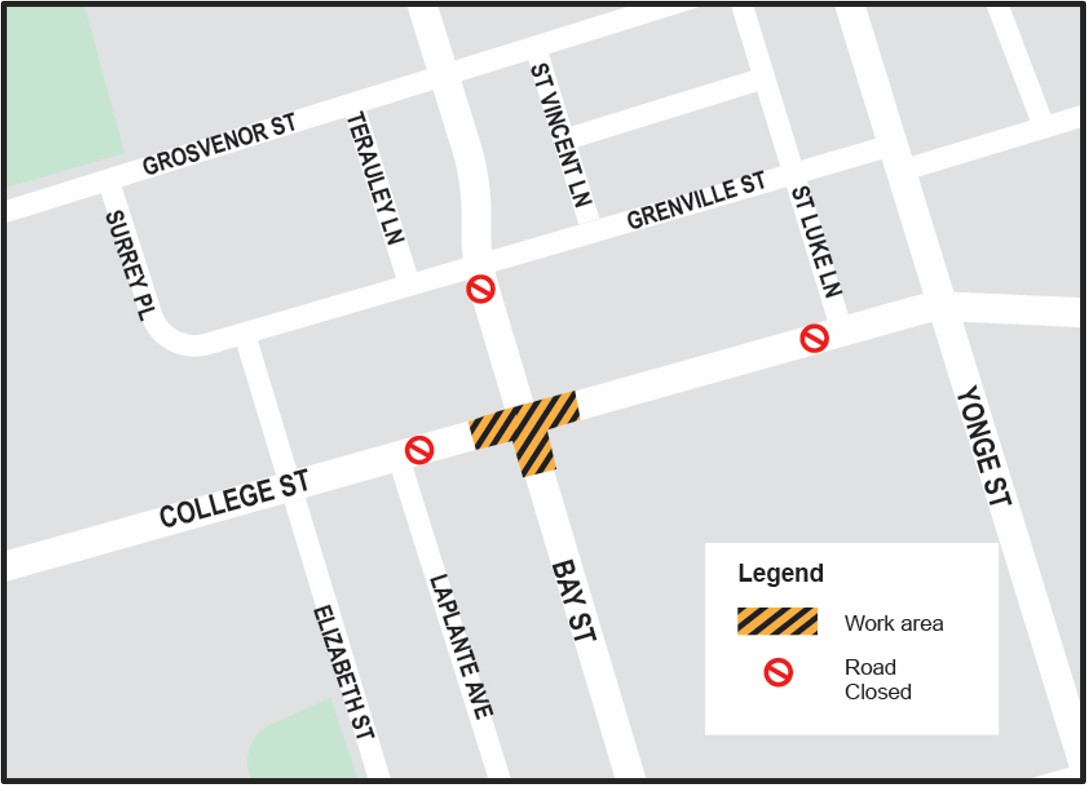 Map of the work area is along College Street and Carlton Street from just west of Bay Street to Church Street to the east. Please contact Mark De Miglio at mark.demiglio@toronto.ca or call 416 395 7178 for more information.