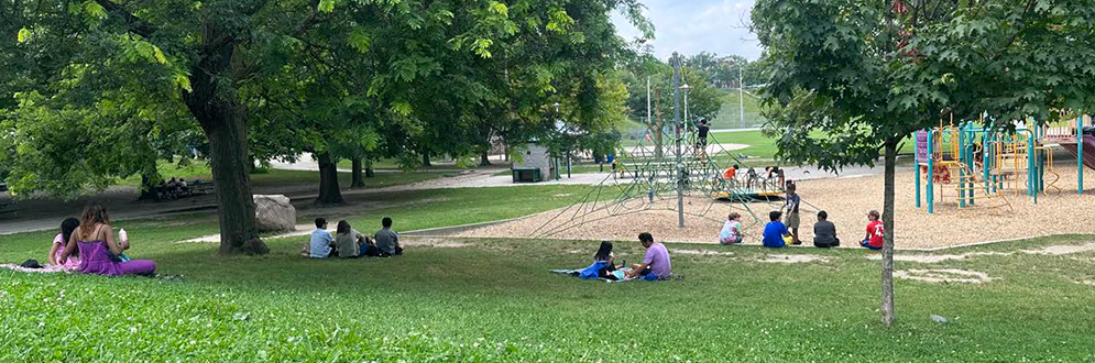 Groups of friends and families having picnics on the grass beside a playground while children play on the equipment at Christie Pits Park.