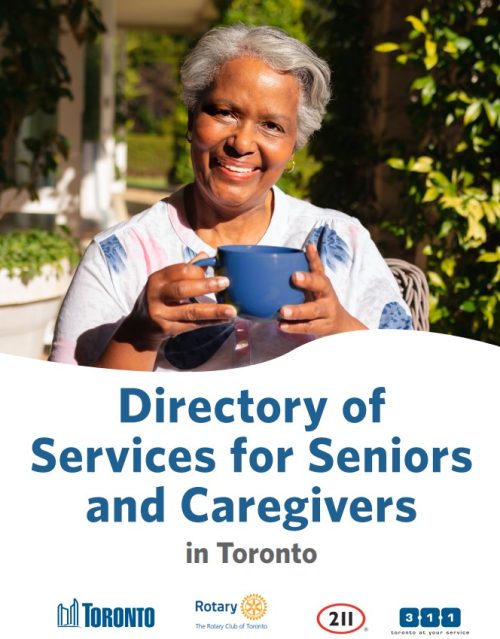 A person sits outdoors holding a blue mug, shown on the cover of the ‘Directory of Services for Seniors and Caregivers in Toronto,’ with City of Toronto, Rotary, 211 and 311 logos at the bottom.