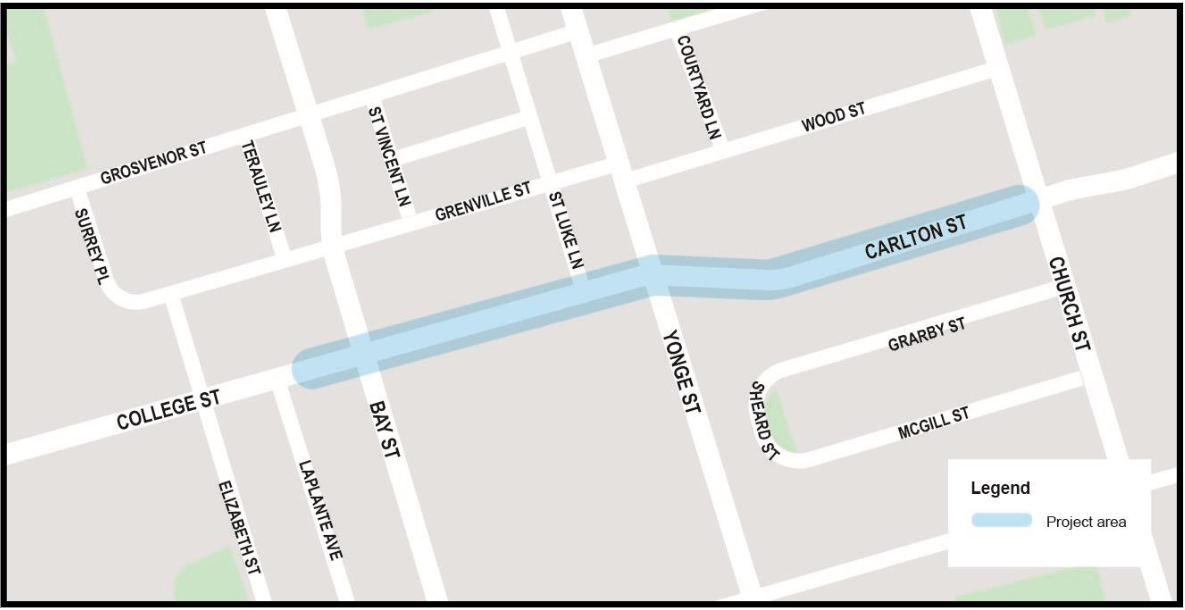 Map of the work area is along College Street and Carlton Street from just west of Bay Street to Church Street to the east. Please contact Mark De Miglio at mark.demiglio@toronto.ca or call 416 395 7178 for more information.