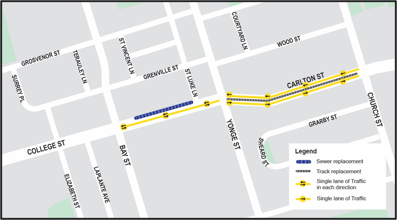 Map of the work area is along College Street and Carlton Street from just west of Bay Street to Church Street to the east. Please contact Mark De Miglio at mark.demiglio@toronto.ca or call 416 395 7178 for more information.