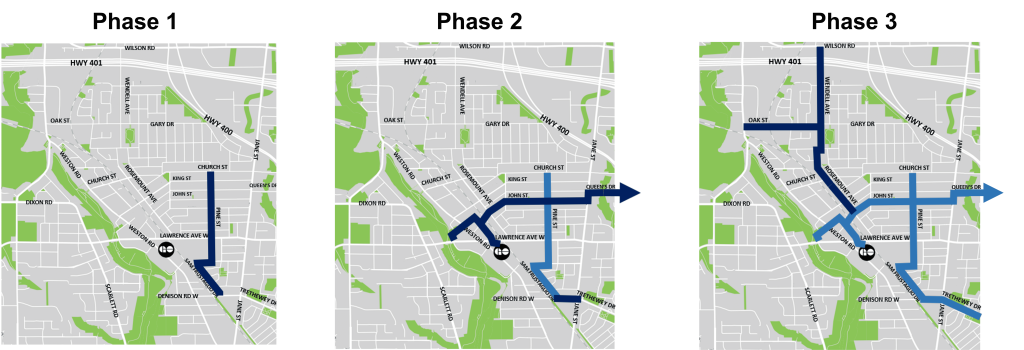 Three maps showing routes covered in the three phases of Weston Cycling Connections through overlaid blue lines.