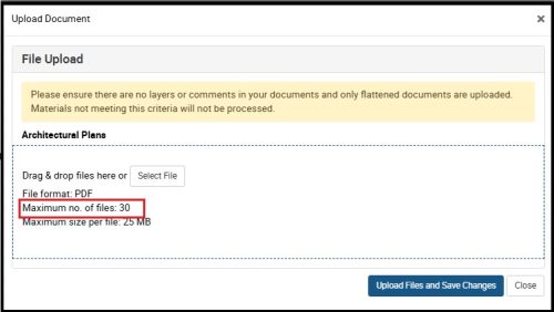 Screenshot of the file upload screen showing 30 as the new maximum number of files that can be uploaded into AST. Each file can can be a maximum of 25 mb.