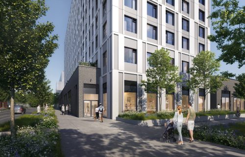 A digital rendering of the exterior of West Square Parkview at 15 Gibbs Rd. with a couple and a stroller.