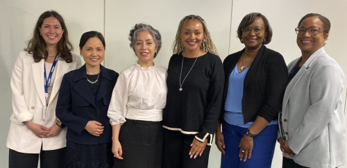 A group of six people standing together for a group photo, dressed in professional attire, against a plain indoor background.