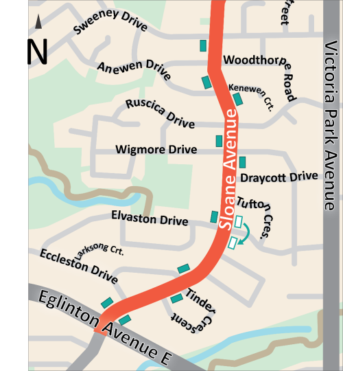 TTC bus stops on Sloane Avenue highlighted. Elvaston Drive will move to south side of the street.