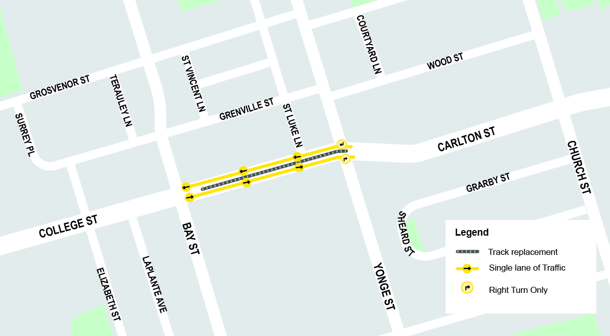Map of the work area is along College Street and Carlton Street from just west of Bay Street to Church Street to the east. Please contact Mark De Miglio at mark.demiglio@toronto.ca or call 416 395 7178 for more information.