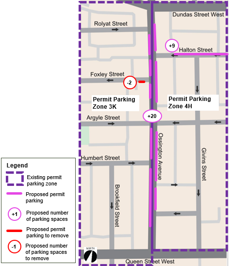 Map existing permit parking zone along Ossington Avenue and proposed permit parking along Ossington Avenue and Halton Street.