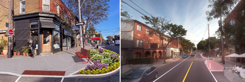 Artist rendering of proposed parkette and painted curb extension on Ossington Avenue.