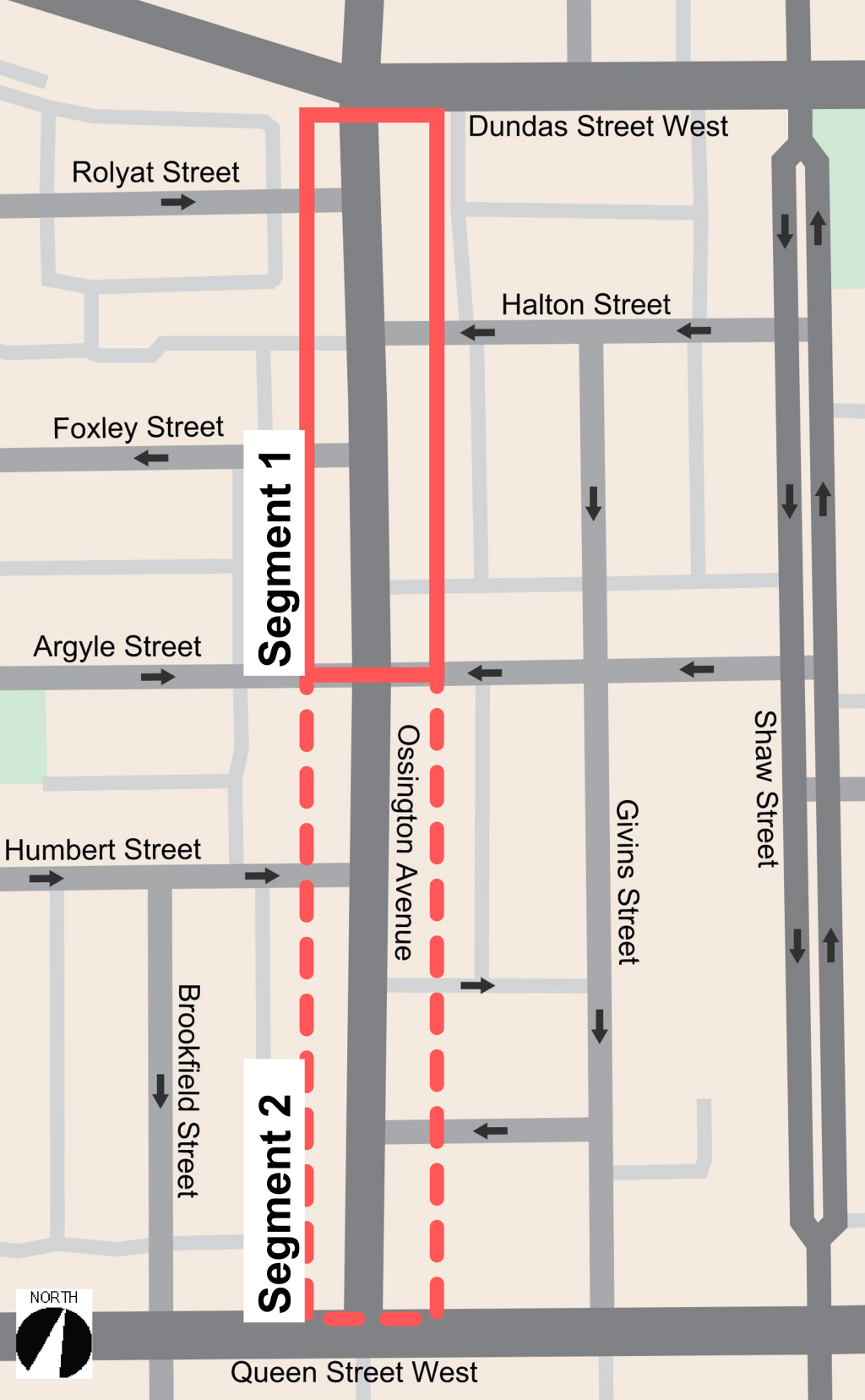 Map showing project area on Ossington Avenue between Dundas Street West and Queen Street West.