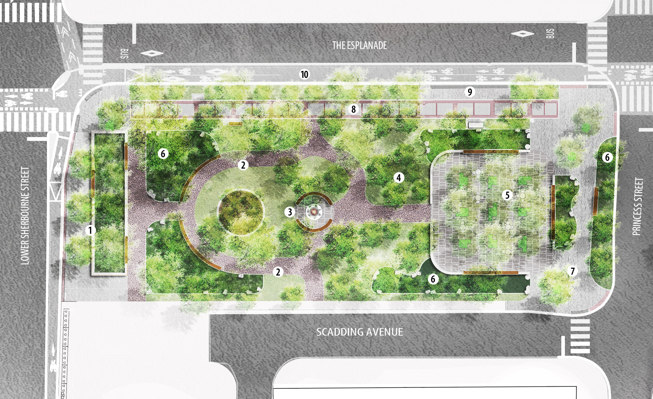 The plan includes Lower Sherbourne Plaza, an accessible walking trail with seating, and an Indigenous sacred fire and storytelling circle. It features a picnic lawn, flagstone plaza with a tree grove, and enhanced horticultural planting. Additional elements include Princess Street Plaza, promenade paving restoration, a bus stop with transit shelter, and a cycle track to improve access and connectivity.