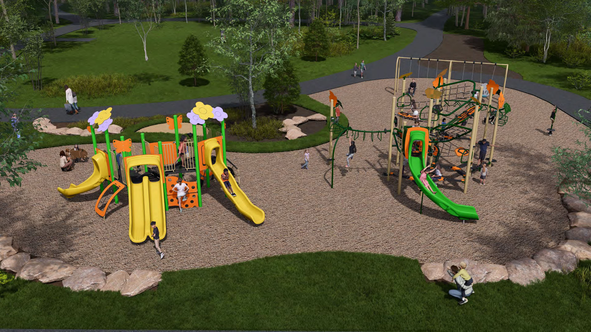 Ground view of Design Option A for Silverview Park, which includes both junior and senior playgrounds. From left to right, it includes two spring riders, a junior play structure, a senior play structure, a junior play structure, and a swing set with one toddler swing, one accessible swing, and two belt swings, and one spinner.