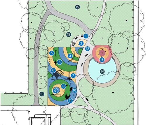 Site plan of the proposed playground Design Option B, showing the Rings design. . Key play features, new rubber safety surface, new mini splash pad location, pathways, existing park amenities and new playground equipment are labelled in the legend.