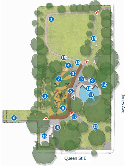 Site plan of final preferred park layout design, showing the Leaves design. Key park features, including pathways, playground location, wading pool and mini splash pad, seating areas, open lawn areas and other elements, are labelled in the legend.