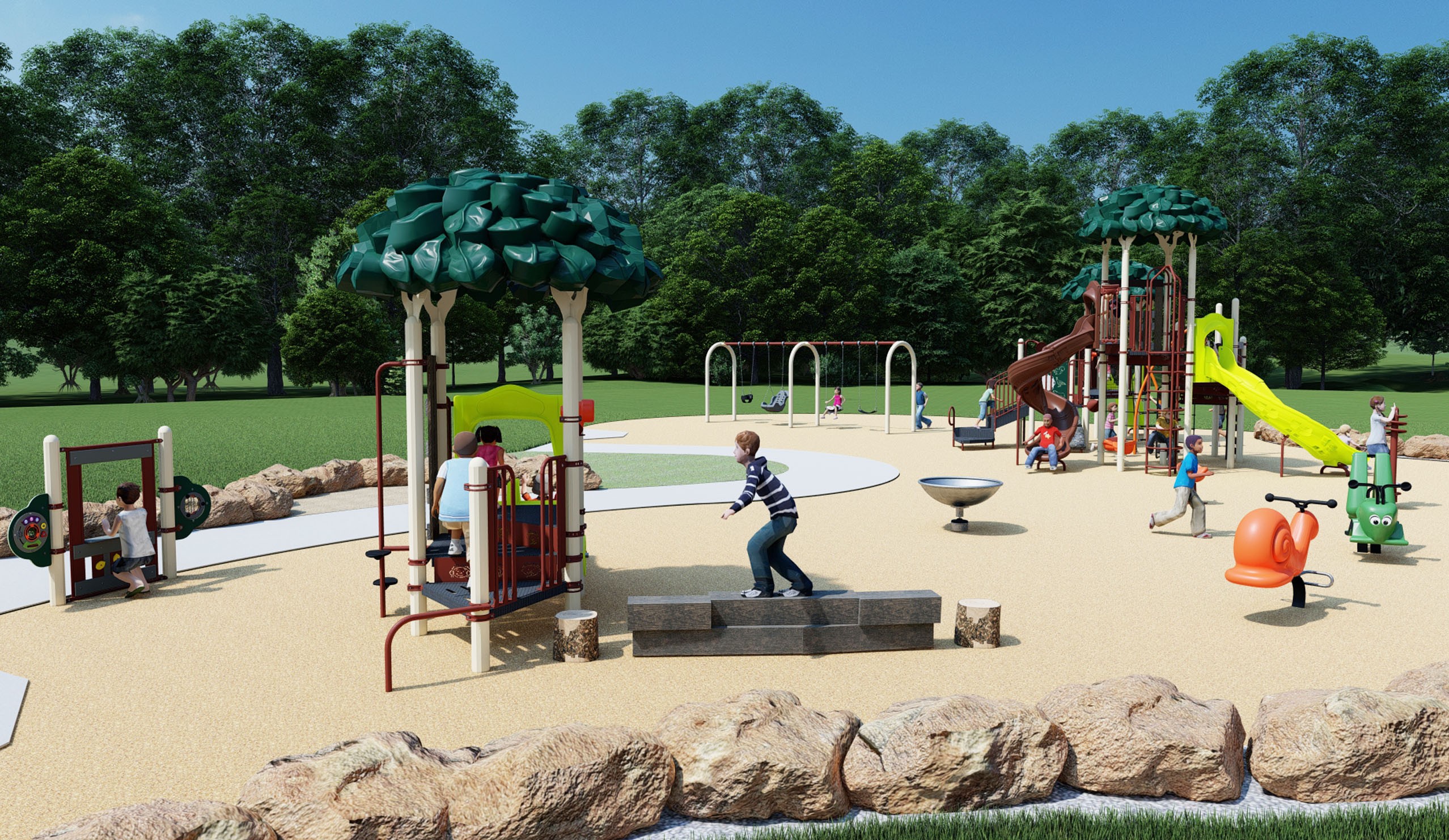 Ground view of Design Option B for Silverview Park, which includes both junior and senior playgrounds. In the foreground is an interpretive play feature, a junior play structure, two spring riders, and one spinner. In the background is a senior play structure and a swing set with one toddler swing, one accessible swing, and two belt swings.