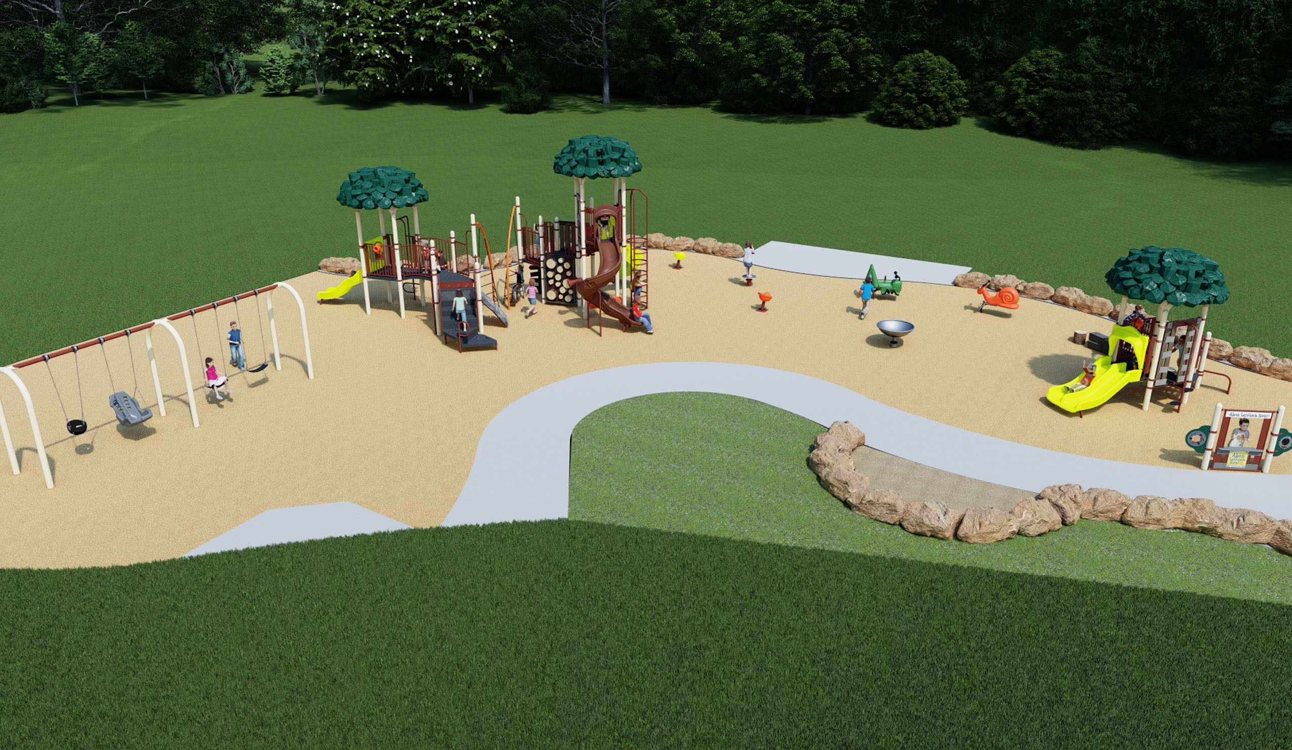 Aerial view of Design Option B for Silverview Park, which includes both junior and senior playgrounds. From left to right, it includes a swing set with one toddler swing, one accessible swing, and two belt swings, a senior play structure, four spinners, two spring riders, a junior play structure, and an interpretive play feature.