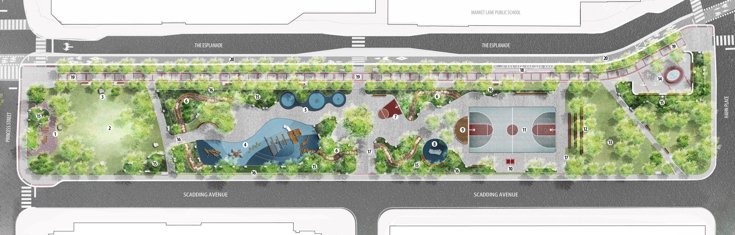The plan includes an accessible picnic area, revitalized water feature, playground with Indigenous teaching elements, natural play trail, trampoline area, junior basketball hoop and climbing structure, table tennis area, and existing basketball court with mural wall. It also features Indigenous cardinal stones, a wood stage with tree grove, terraced berm seating, toboggan mound with picnic lawn, horticultural planting, and restoration of perimeter fencing and gates. Additional elements include a bottle filler and drinking fountain, bike share station, promenade paving restoration, and a cycle track to improve connectivity and access.