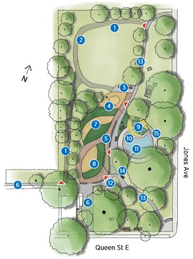 Site plan of the proposed park layout Design Option A, showing the Leaves design. Key park features, including pathways, playground location, wading pool and mini splash pad location, seating areas, open lawn areas and other elements, are labelled in the legend.