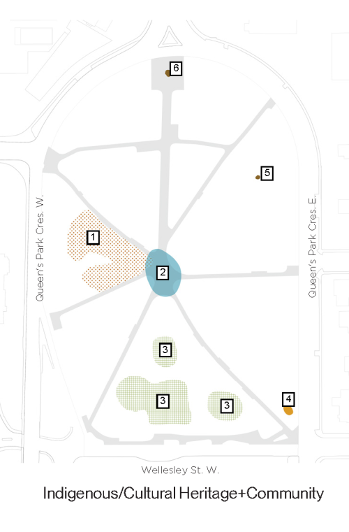 Aerial map of the park showing the following features: Food Forest; Flexible Plaza; Commemorative Garden; King Edward VII Statue; Al Purdy Statue; Highlanders Memorial