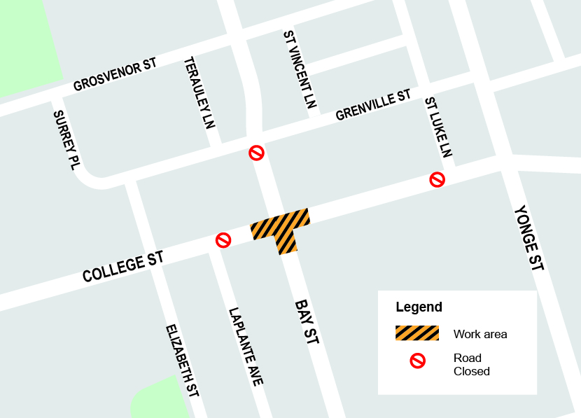 Map of the work area is along College Street and Carlton Street from just west of Bay Street to Church Street to the east. Please contact Mark De Miglio at mark.demiglio@toronto.ca or call 416 395 7178 for more information.