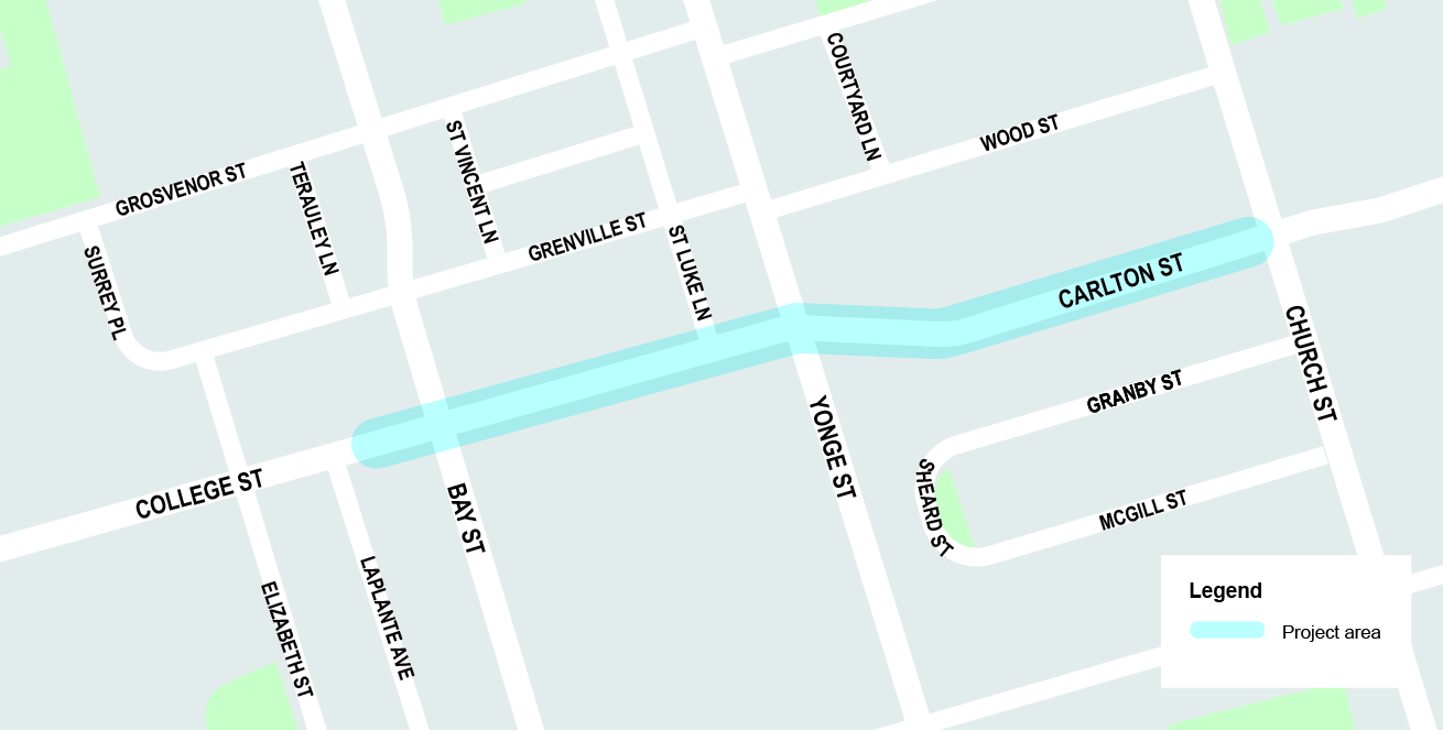 Map of the work area is along College Street and Carlton Street from just west of Bay Street to Church Street to the east. Please contact Mark De Miglio at mark.demiglio@toronto.ca or call 416 395 7178 for more information.